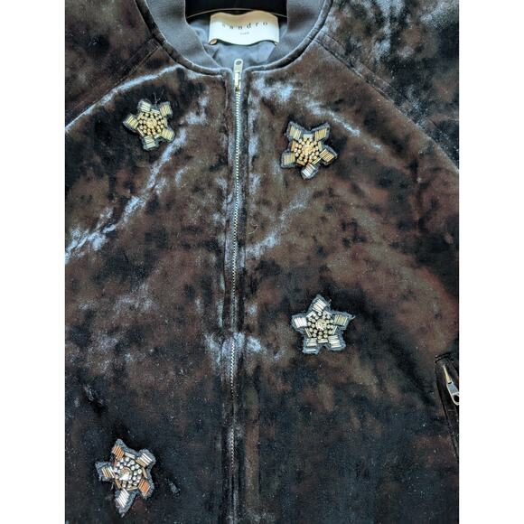 Sandro Briny Embellished Velvet Bomber Jacket Sz 2 US Medium Runs Small 2B435 - Picture 8 of 13